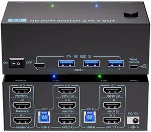 KVM Switch 3 Monitors 2 Computers 8K@60Hz/4K@120Hz, HDMI KVM Switches for 2 PC Sharing Triple Monitor and Keyboard Mouse with Power Adapter, Wired Extend Controller and USB3.0 Cables