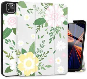 Tuiklol Case for iPad Pro 12.9 inch M2 Generation 6th / 5th / 4th / 3rd 2022 2021 2020 2018 Release - Built in Pencil Holder Slim Protective Cover with Auto Wake/Sleep, Flowers White