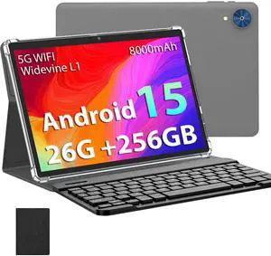Android 15 Tablet with Keyboard - 26GB+256GB+2TB Expand, Octa-Core, 2.4G/5G Wifi, 8000mAh Battery, Widevine L1, Dual Camera, Face Unlock, 10 Inch 2 in 1 Tablets with Mouse, Stylus (Black Case)