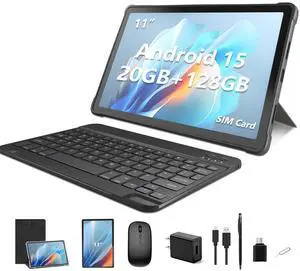 JREN 11" Android 15 Tablet 128GB with Keyboard & Mouse, 4G LTE Unlocked Tablet with SIM Card Slot, 20GB RAM, 5G WiFi, Octa-Core 2.0GHz, 13MP+5MP Cameras, 8000mAh Battery, Quad Speakers Silver