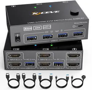 HDMI KVM Switch 2 Monitors 2 Computers 4K@60Hz, Simulation EDID, Dual Monitor KVM Switch 2 Port for 2 Computers Share 2 Monitors and 4 USB3.0 Devices, 2 HDMI USB Cables and Wired Controller Included