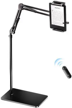 UNIBITRI Floor Stand for Kindle with Remote Page Turner, Holder Stand for Reading in Bed with Clicker  for Kindle Paperwhite, Oasis,Tablet, iPhone and More 4.7-11 inch, Black Remote