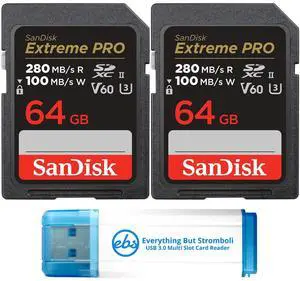 SanDisk 64GB 2 Pack Extreme Pro UHS-II SDXC Memory Card (SDSDXEP-064G-GN4IN) Bundle with 1 Everything But Stromboli SD Card Reader