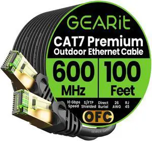 GEARit Cat7 Outdoor Ethernet Cable (100ft) SFTP Shielded Foil Twisted Pair, Pure Copper, LLDPE, Waterproof, Direct Burial, In-Ground, UV Resistant, POE, Network, LAN, Internet, Cat 7-100 Feet