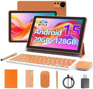 CUPEISI Android 15 Tablet 10 Inch, 20GB RAM+128GB ROM/2TB Expandable, 2.0GHz Quad-core Processor, 1280*800 HD Screen, 5G WiFi6 BT5.0, 2 in 1 Tablets with Keyboard Case Mouse Stylus, Widevine L1 Orange