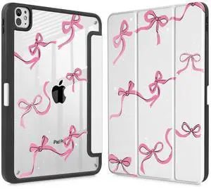 May Chen Case for iPad Pro 11-Inch M5/M4 2025/2024 (6th/5th Generation), Clear Transparent Print Back Shell Slim Stand Shockproof Tablet Cover, Auto Wake/Sleep, White Bows