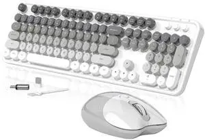 Creamy Wireless Keyboard and Mouse, MOFII 104 Round Keycaps Retro Typewriter with OTG & Brush, Full-Size Ergonomic, Ideal for Windows PC, Home, Office and College Gray White