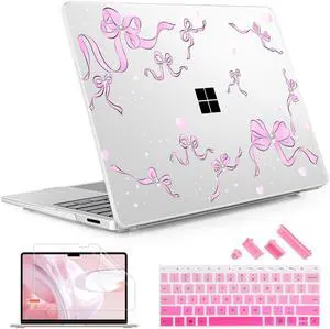 May Chen Case ONLY Compatible for 2024+ 13.8" Microsoft Surface Laptop 7 Windows PC with ARM CPU and AI-Powered Copilot+, Plastic Hard Shell Case with Keyboard Cover, Pearl Bow