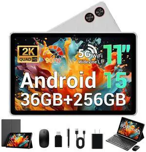 POWMUS Android 15 Tablet, 11 Inch 2K Display, 36GB RAM 256GB ROM /2TB TF T606 Octa-Core 8000mAh Battery, Support 5G WiFi/BT5.0/GPS Gray