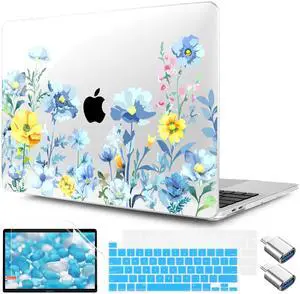 TWOLSKOO Compatible with MacBook Pro 13 inch Case 2023-2016 A2338 M2/M1 A2251 A2289 A2159 A1989 A1706, Plastic Hard Shell Cover & Keyboard Skin & Screen Protector, Blue Flowers