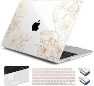Yebiseven for M4 MacBook Air 15 inch Case 2025 2024 2023 Released A3241 A3114 M3 A2941 M2, Hard Shell Laptop Case with Keyboard Cover & Trackpad Film & 2 OTG Adapters, Golden Floral