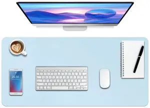 Boutilon Leather Desk Pad Protector,Non-Slip Mouse Pad,Laptop Desk Pad,Office Mouse Mat,Waterproof Leather Desk Blotter,Desk Writing Pad for Office and Home (XXL-Light Blue,47.2"x 17")