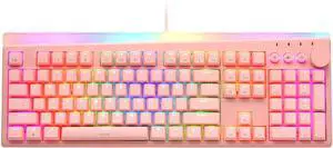 i-rocks K71M RGB Mechanical Gaming Keyboard with Media Control Knob, Switches (Blue), 107 Keys w/Full NKRO, PBT Keycaps, Multimedia Hotkeys, Detachable USB-C Cable and Onboard Storage, Pink