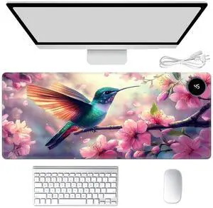 Heated Mouse Pad Hand Warmer, Warm Desk Pad Mousepad Desk Mat with 3 Levels Heating and Auto Shut Down 31.5 x 13 PU Leather Warmer Keyboard Mat for Gaming Office Home, Hummingbird Oriental Cherry