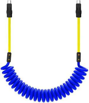 chubbycable Curly Chubby 240W Coiled USB C Cable Retractable Fast Charging Cable for Car Charger Cord Compatible with iPhone 17-15 Series, Light Blue+Yellow, Type-C to Type-C, 2.29FT-3.6FT