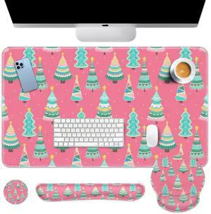 Britimes Pink Keyboard Mouse Pad Set Christmas Colorful Pine Trees 4in1 Large Mousepad+Keyboard Wrist Rest+Mouse Wrist Rest+Coaster Set with Ergonomic Design for Home Office Computer 35.4x15.7In