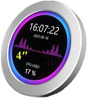 4inch USB Monitor AIO Computer Temp Monitor 720x720 Pixel Water Cooler Screen/PC Case Secondary Screen/Desktop RGB Ambient Screen,Music Spectrum Analysis Function,Various Data Monitor, Silver