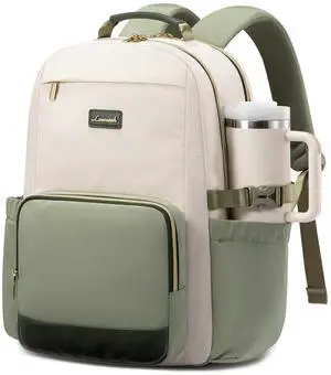 LOVEVOOK Laptop Backpack for Women with Pouch Pocket for Large Capacity Cup,17 Inch Laptop Computer Bag Travel Backpack Purse,Waterproof Work College Teacher Bags,White-Bean Green-Dark Olive Green