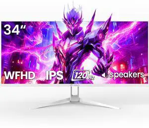 CRUA 34'' Ultrawide Gaming Monitor 120HZ, 21:9 WFHD 2560X1080 IPS Panel Computer Monitors with Built-in Speakers, Support AMD FreeSync, 120% sRGB, DP1.4 & HDMI1.4, Wall Mountable Installs-White