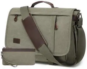 17.3 Inch Messenger Bag for Men: 2PCS Laptop Work PU Leather Canvas Briefcase Carry On Large Computer for Office College Travel (Green)