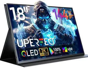 UPERFECT 18" QLED Portable Monitor, 2K 2560×1600, 144Hz Gaming Display, 500 Nits Brightness, FreeSync HDR, 100% DCI-P3, Ultra-Slim USB-C/HDMI Monitor for Laptop MacBook Phone Game Console, VESA Mount