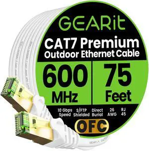 GEARit Cat7 Outdoor Ethernet Cable (75ft) SFTP Shielded Foil Twisted Pair, Pure Copper, LLDPE, Waterproof, Direct Burial, In-Ground, UV Resistant, POE, Network, LAN, Internet, Cat 7-75 Feet GEARit Cat7 Outdoor Ethernet Cable (75ft) SFTP Shielded Foil Twisted Pair, Pure Copper, LLDPE, Waterproof, Direct Burial, In-Ground, UV Resistant, POE, Network, LAN, Internet, Cat 7-75 Feet