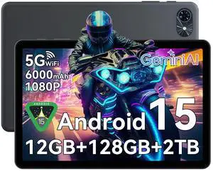 Tablet 10 Inch,Android 15 Tablet,Gemini AI 2.0 Android Tablets|12GB RAM+128GB ROM(TF 2TB)|5G WiFi|120Hz|6000mAh Fast Charging|1080P HD|Bluetooth 5.0|Smart Lens|GPS|2-Year Warranty-Grey