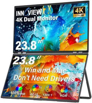 InnoView 23.8" Dual Portable Monitor 100% sRGB 3840x2160P 4K 315°Adjustable Dual Stacked Foldable Monitor Built-in Speakers Screen Extender with HDMI/USB-C/DP for Laptop Windows Mac