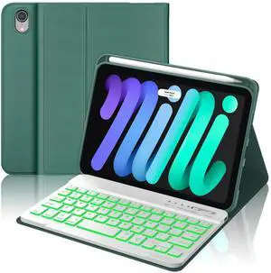 WINCHKING Backlit Keyboard Case for iPad mini (A17 Pro) 7th Generation/Mini 6th Gen 8.3 Inch,7-Color Backlit,Detachable Wiress Keyboard Folio Case with Pencil Holder for iPad mini 7/6,Dark Green