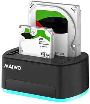 MAIWO 2 Bay External Hard Drive Docking Station with RGB Light, SATA Drive Offline Cloner Duplicator for 2.5'' 3.5'' HDD/SSD with Power Supply, UASP Supported, Black