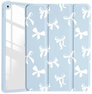 JOYLAND White Bow Pattern Case for iPad mini 7th(A17 Pro) 2024 / Mini 6th Generation 8.3" 2021,Clear Transparent Acrylic Hard Back Blue Case with Pencil Holder Trifold Stand Tablet Cover