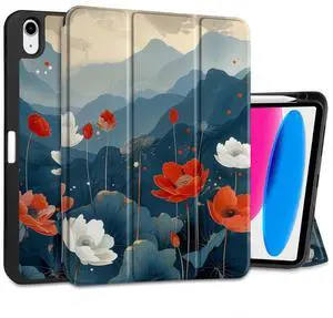 MEEgoodo Case for iPad A16 11th Generation 11 inch 2025/iPad 10th Generation 10.9 inch 2022, Tablet Cover with Trifold Stand + Pencil Holder + Auto Wake/Sleep + Soft TPU Back Cover, Lotus Fields