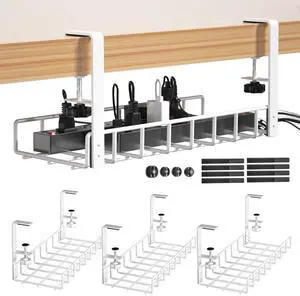 3 Pack Cable Management Under Desk Tray, 47.1" No Drill Under Desk Wire Management with Upgraded Clamp, Metal Cord Organizers with Cable Organizers, PC Cord Organization Rack, White