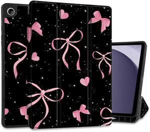 MEEgoodo Case for Samsung Galaxy Tab A9 Plus 11 inch Cover 2024 2023 with S Pen Holder, A9+ Smart Tablet Cases with Leather Trifold Stand+Soft TPU Back Shell+Smart Auto Wake/Sleep, Pink Ribbons Bows