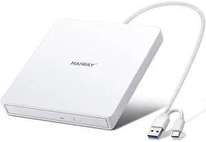 Haiway External DVD Drive, USB 3.0 Type-C CD DVD Burner, Portable +/-RW CD/DVD Optical Drive Slim CD ROM Reader Writer Player for Laptop Desktop PC MacBook Windows 11/10/8/7 Linux Mac OS (White)