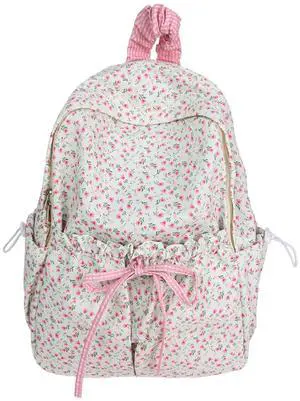Cute Aesthetic Bow Backpack for Women Kawaii Floral Print Preppy College Book Bag Trendy Coquette Laptop Daypack (Pink)