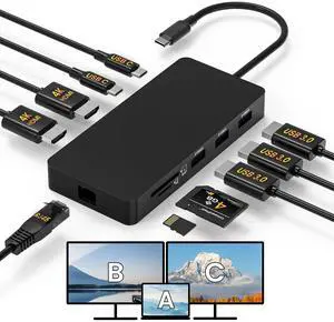 Laptop Docking Station Dual 4K HDTV Monitor, Fophmo USB C to 2 HDTV Splitter Extended Display, 1000Mbps LAN, USB A&C 3.0 Ports(10Gbps), SD/TF Card, 100W PD Charging, MacOS Only Mirrors Same Screen