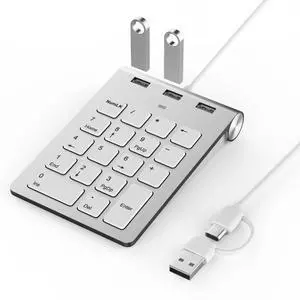 Yeemie Pro Slim Wired Number Pad for Laptop & PC  18-Key USB Numeric Keypad with 3-Port USB 2.0 Hub, Compact Number Keyboard for MacBook, Surface, Chromebook  Includes USB-A & Type-C Cables (1.6Ft)