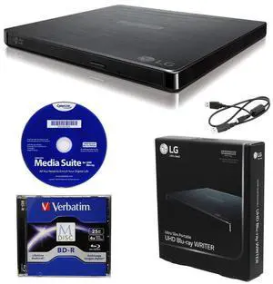 Produplicator LG BP60NB10 Portable 6X Ultra HD 4K Blu-ray Burner External Drive with CyberLink Software, 25GB M-DISC BD-R, and USB Cable - Burns CD DVD BD DL BDXL Discs