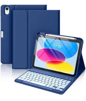 Hamile for iPad 11th 10th Generation Case with Keyboard - 7 Colors Backlit Wireless Detachable Folio Keyboard Cover with Pencil Holder for iPad A16 11-inch 2025 10th Gen 10.9 Inch 2022 (Navy Blue)