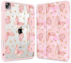 Tuiklol for iPad Pro 11 Inch Case M2 2022 Gen 4th -Built-in Pencil Holder Shockproof Cover Clear Transparent Back Shell Fit for iPad 11 2021 2020 2018 Gen 3rd/2nd/1st for Kid,Pink Butterfly