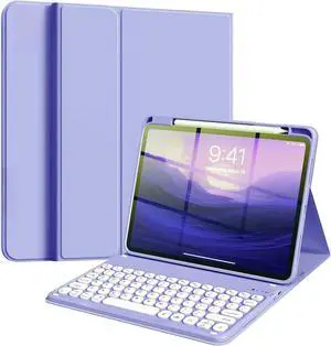 NUWONAYA Keyboard Case for iPad Air 13 inch (M3/M2)/Pro12.9 6th/5th/4th/3rd Generation, Cute Color Stand Cover with Pencil Holder, Magnetic Detachable Round Keys KeyboardLight Purple
