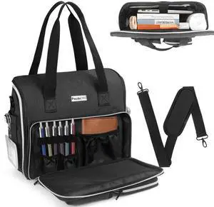 Professional Tote for Women 14" Laptop Bag - Teacher Nurse Work Bag Lay-Flat, Office College Commuting, Craft Organizer Bag (Black, Medium)