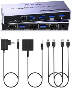 8K Displayport 2.1 KVM Switch 2 in 1 Out DP1.4 with 4 USB 3.0 Ports Support 8K@60Hz 4K@240Hz, 2 Computers Share 1 Monitor Keyboard Mouse U-Disk Printer 8K Displayport 2.1 KVM Switch 2 in 1 Out DP1.4 with 4 USB 3.0 Ports Support 8K@60Hz 4K@240Hz, 2 Computers Share 1 Monitor Keyboard Mouse U-Disk Printer