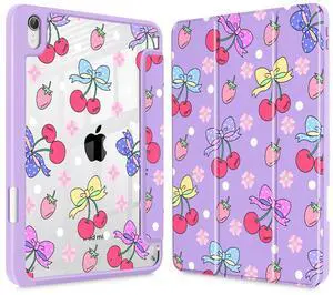 Tuiklol Clear Case for iPad mini 7 (A17 Pro 7th Gen) 2024 / iPad mini 6 (6th Gen) 2021 8.3 Inch,Built-in Pencil Holder Slim Transparent Back Shell Cover Auto Wake/Sleep, Strawberry Cherry Purple