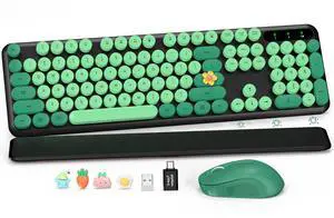 Wireless Keyboard and Mouse Combo-Round Keycaps, Full-Size Retro Typewriter Keyboard with Detachable Wrist Rest, Sleep Mode & Tilt Legs, 2.4GHz Cordless Connection for Mac/Windows/PC (Black & Green)