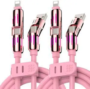 MFish 240W 4-in-1 Universal USB Charging Cable [2 Pack, 6.6ft]  Fast Charger Cord with USB-A, Dual USB-C & Lighting, for iPhone 14/15/16/17 Series, iPad & MacBook & More (2PACK, Pink+Pink, 6.6Ft)