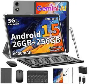 Android 15 Tablet with Keyboard, 26GB RAM+256GB ROM(2TB Expand), 10 inch tablet with 8000mAh Battery, 2.4G/5G WiFi, 5MP+13MP Dual Camera, Widevine L1, Gemini AI, Mouse, Case, Stylus(Silver Case)