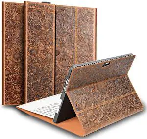 Gexmil Case for Surface Go 4/3/2/1 Generation, 10 Inch, 2023/2021/2020/2018 Genuine Leather Cover with Pencil Holder,Protective Cowhide Folio Cover,Anti Fingerprint/Slip,Flower Brown