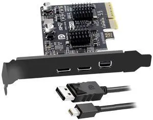 CY PCI-E Express 4X & Mini Displayport 1.4 Input to Dual 10Gbps USB 3.1 Type-C USB-C & 4K 60hz Output Desktop Graphics Expansion Card Adapter ASM3142